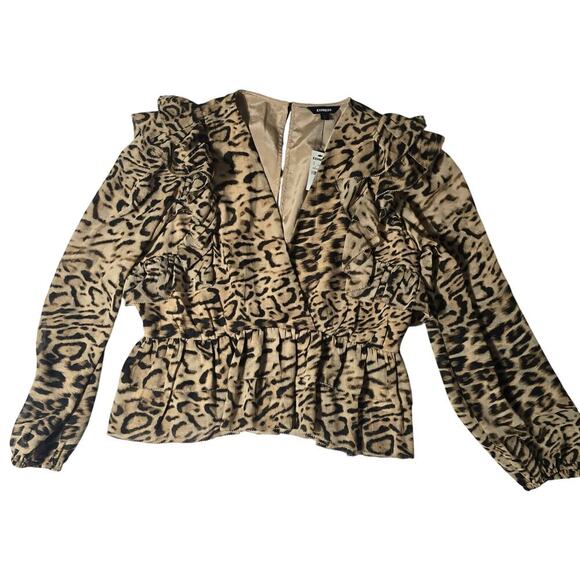 Express Leopard Print Ruffle Blouse Crop V-Neck Animal Chiffon Women's Large - Picture 1 of 9
